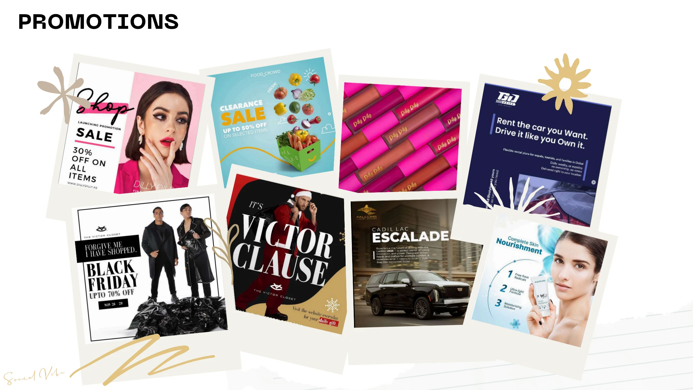 Selected Social Vibe retail, food, automotive and beauty promotion designs